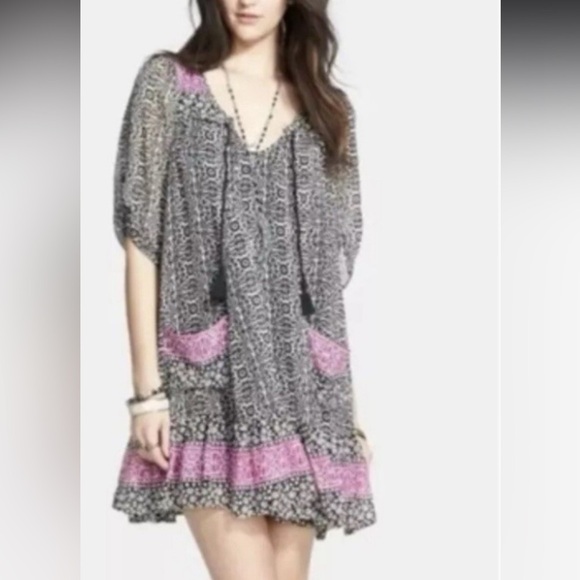 Free People Swing Dress Black Purple Midi Tassel Boho Peasant Hippie Small P - Picture 13 of 16